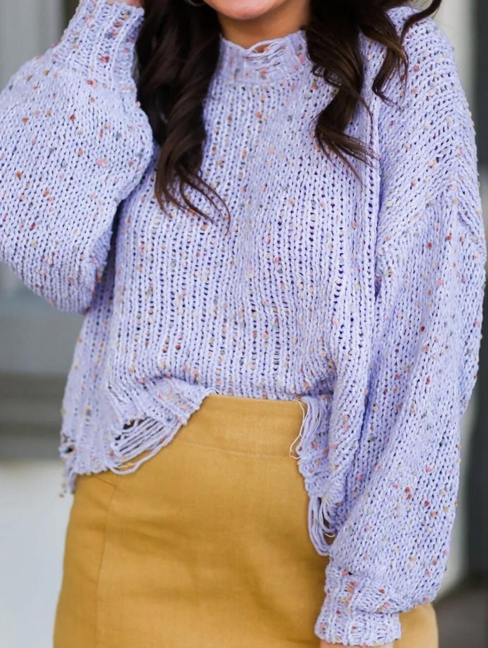 NWT! POL Confetti Distressed Lavender Open-Knit Distressed Turtleneck Sweater